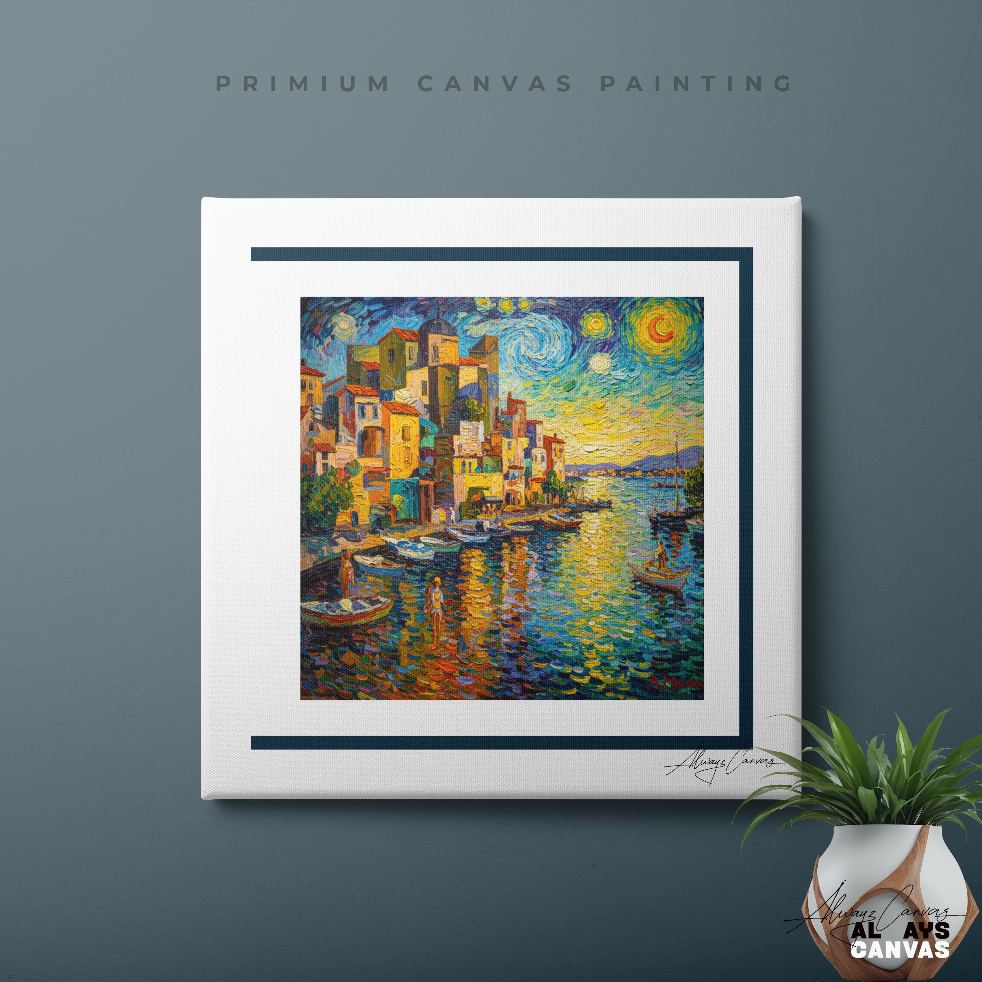 Golden Harbor Glow: Post-Impressionist Modern Canvas Art